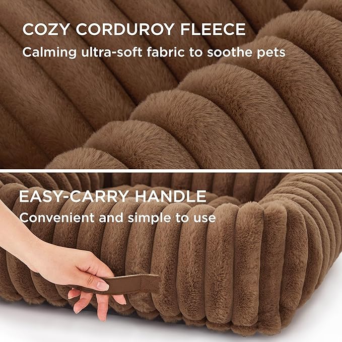 Bedsure Washable Dog Bed for Medium Dogs - Cute Furry Puppy Beds, Rectangle Orthopedic Corduroy Fleece Pet Beds with Removable Zipper Cover, 30x24x8inches, Copper Brown