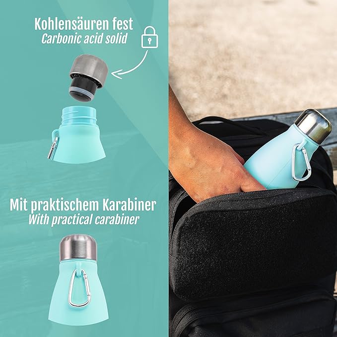 Foldable Drinking Bottle - BPA-free, leak-proof - Ideal festival accessory and practical outdoor companion with carabiner (Turquoise)
