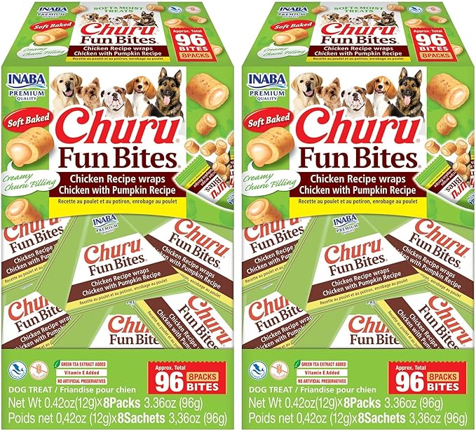 INABA Churu Fun Bites for Dogs, Soft & Chewy Baked Chicken Wrapped Filled Dog Treats with Vitamin E, 0.42 Ounces per Tetra, 8 Tetras per Box, Chicken with Pumpkin Recipe (Pack of 2)