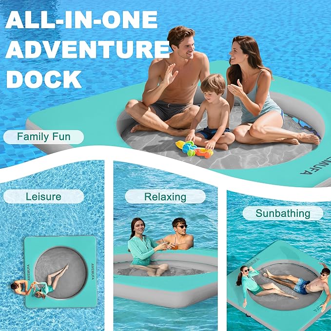 Inflatable Dock Floating Platform with Mesh, Heavy Duty Water Hammock Floats Floating Ring, Tanning Pool Hammock Inflatable Raft Mat Lake Floats for Adults Ocean