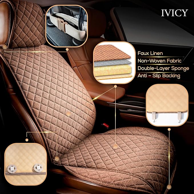 IVICY Faux Linen Car Seat Cover for Cars - Durable & Non-Slip - Front Car Seat Protector Covers for Most Automotive, Vans, SUVs, Trucks - 1 Unit – Light Brown