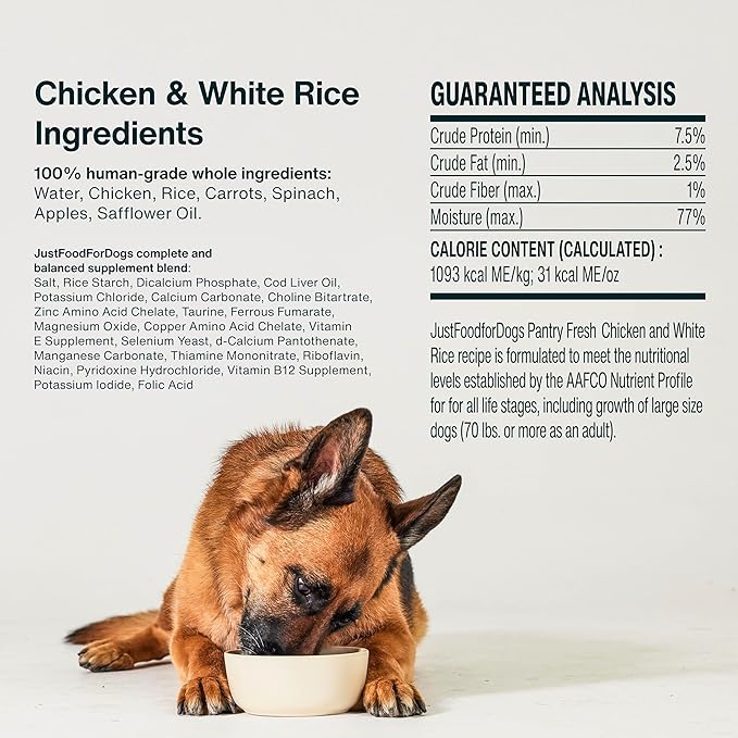 JustFoodForDogs Pantry Fresh Wet Dog Food, Complete Meal or Topper, Chicken & White Rice Human Grade Recipe - 12.5 oz (Pack of 6)