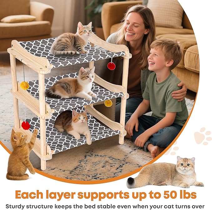 Large 3-Layer Cat Hammock Bed, 24"x15.7"x26.8" Elevated Cat Bed with Pine Wood Frame, Breathable Washable Covers, Wooden Pet Furniture for Indoor Cats and Small Animals(Grey, 3-Tier)