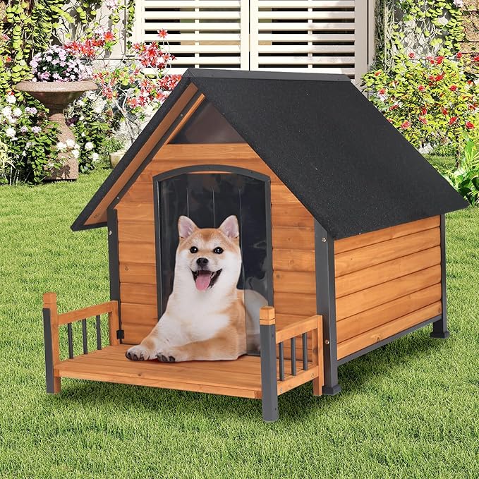 GUTINNEEN Dog House Outdoor Weatherproof Dog Kennel with All-Around Iron Frame, Anti-Bite Puppy Home with Porch, Dog Shelter for Large Breed (Brown, 50.9'' Large)