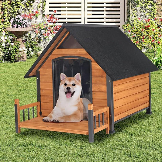 GUTINNEEN Dog House Outdoor Weatherproof Dog Kennel with All-Around Iron Frame, Anti-Bite Puppy Home with Porch, Dog Shelter for Large Breed (Brown, 50.9'' Large)