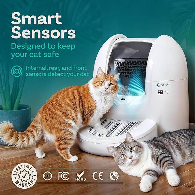 Self Cleaning Automatic Litter Box for Multi Cat - XL 65L Drum/Ultra Quiet 30-35dB Operation / 5 Safety Sensors/Easy App Control with Ultra Fast 5 GHz WiFi - Includes Ramp & 15 Litter Bags