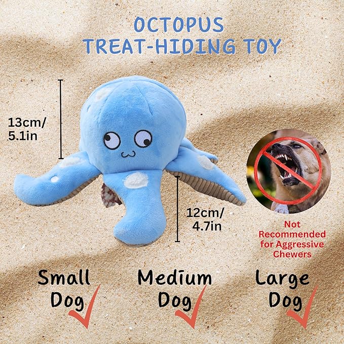 Dog Puzzle Toy, Interactive Snuffle Octopus Toy for Medium Large Dogs – Hide & Seek Treat Dispenser with Squeaky & Crinkle Sounds, Plush Chew Toy, Durable & Washable (Blue)