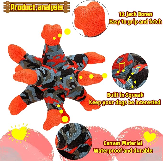 Dog Chew Squeaky Toys, Dog Teeth Cleaning Toy, Tug of War, Stuffed Jack Bone Toy with Squeakers, Interactive Toy for Small Medium Large Dogs, Orange