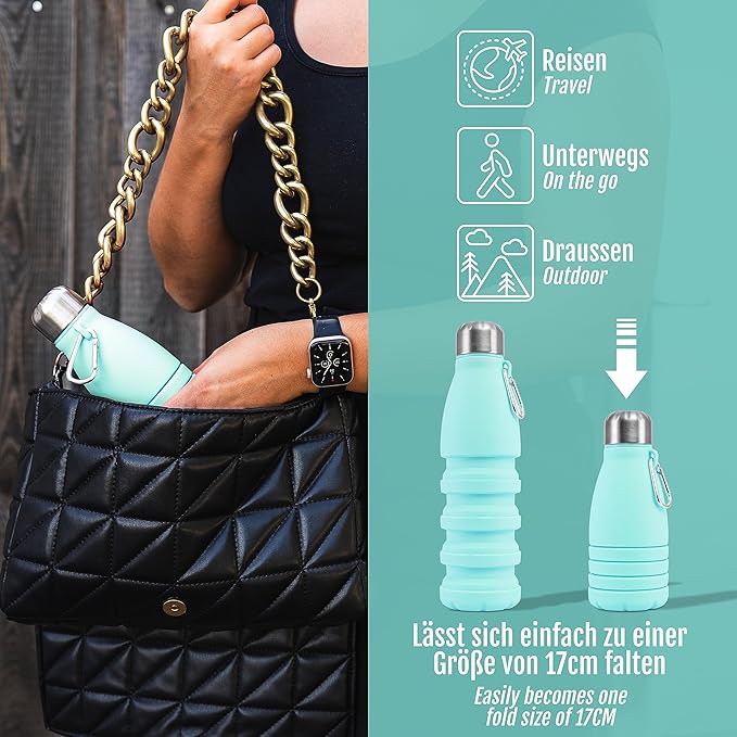 Foldable Drinking Bottle - BPA-free, leak-proof - Ideal festival accessory and practical outdoor companion with carabiner (Turquoise)