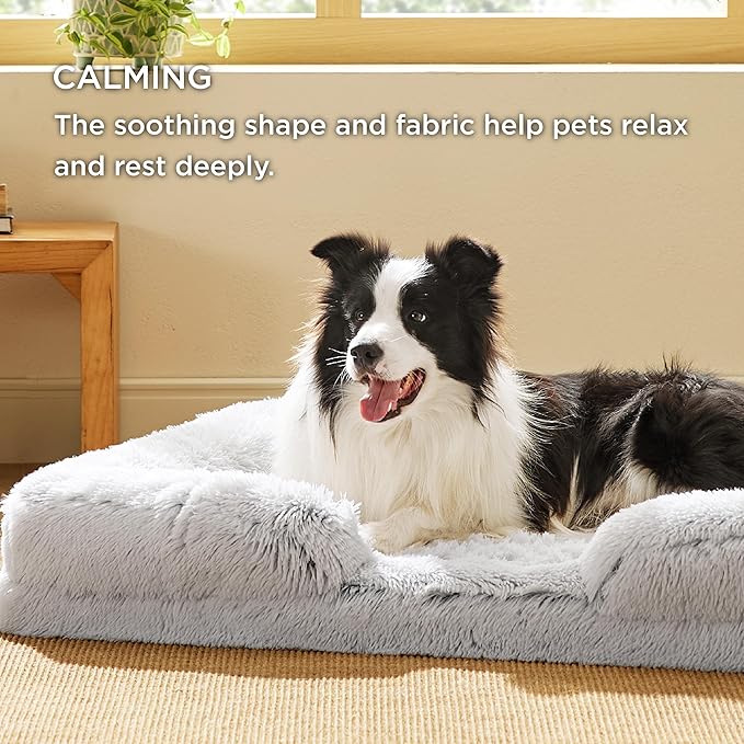 Bedsure Orthopedic Dog Beds Large Sized Dog - Washable Large Dog Cat Bed Waterproof, Comfort Dogs Couch Sofa with Washable Removable Cover, Pet Bed with Nonskid Bottom, Long Faux Fur-Misty Grey, 35"