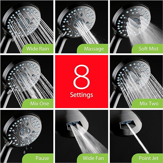 Hotel Spa AquaCare High Pressure 8-mode Handheld Shower Head - Anti-clog Nozzles, Built-in Power Wash to Clean Tub, Tile & Pets, Extra Long 6 ft. Stainless Steel Hose, Wall & Overhead Brackets