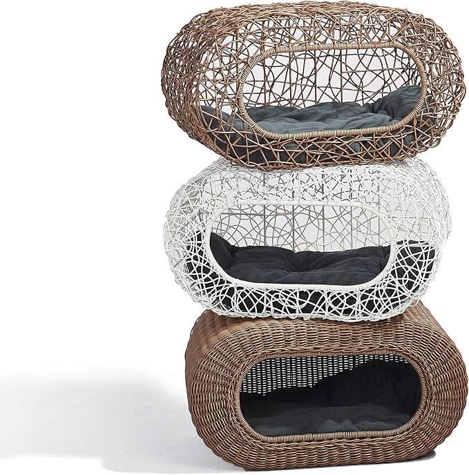 Fun Stackable Wicker Cat Hideaway House - Interactive Play Rattan Cat House for Indoor Cats Kitty, Pet Friendly Top/Side House Entry, Cat Bed Enclosed