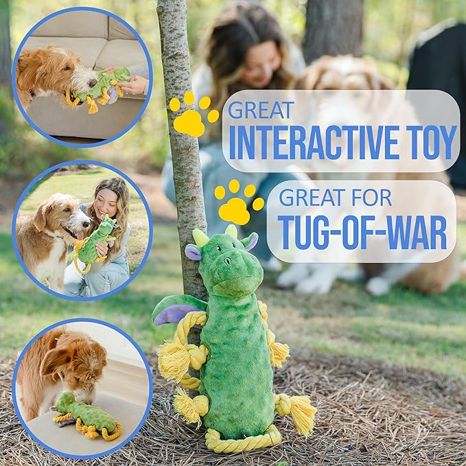 Squeaky Dog Stuffed Animals Chew Toy, Crinkle Paper Tug of War Rope Plush Dog Toy, Soft Tough Squeaker Dog Entertainment Toys for Home Alone, Fun Boredom Busters for Dogs - Dragon