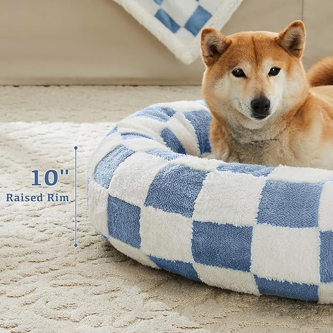 Checkered Dog Bed, Cute Blue Retro Style Aesthetic Round Warming Pet Calming Beds for Small Dog and Cats, Plush Cozy Donut Dog Beds Washable, 30" L x 30" W x 8" Th
