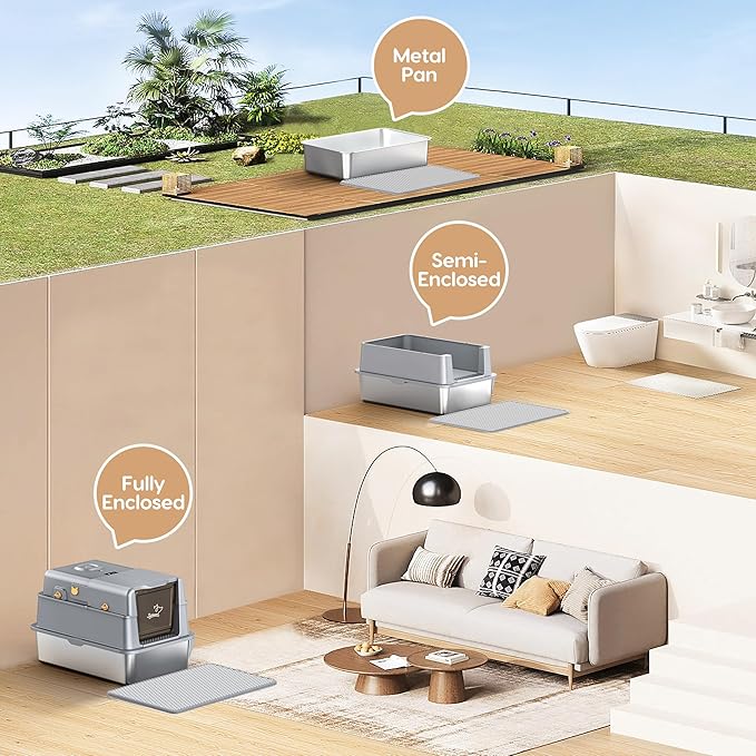 L7 Ultra-Stainless Steel Litter Box with Smart Odor Control System, XXL Extra Large Enclosed Metal Cat Litter Box with Lid for Kitty&Big Cats, High Sided Enclosure with Scoop & Mat, Anti-Leakage-Grey