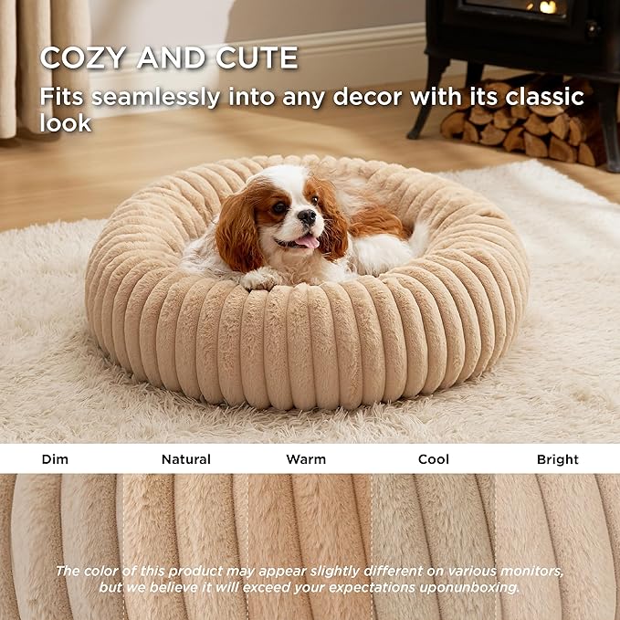 Bedsure Medium Dog Bed - Washable Faux Fur with Corduroy Fleece & Anti Slip Bottom, Round Pet Bed with Removable Cover, Sandy Tan, 30x30x8 inches