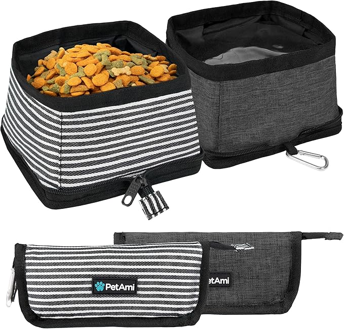PetAmi Collapsible Dog Bowls 2 Pack, Food and Water Bowls Travel Set, Portable Pet Dish No Spill, Foldable Lightweight BPA Free Leakproof, Camping Hiking Walking Outdoor Gear Accessories, Stripe Black