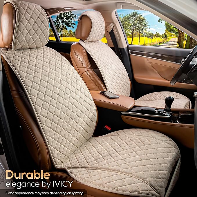 IVICY Faux Linen Car Seat Cover for Cars - Durable & Non-Slip - Front Car Seat Protector Covers for Most Automotive, Vans, SUVs, Trucks - 1 Unit – Light Beige