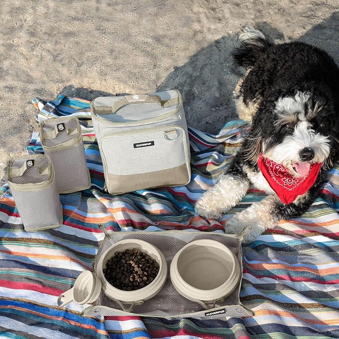 Large 7-Piece Bistro Box Dog Food Travel Kit, 12-Cup Kibble Storage, 2 Silicone Bowls, Mat & Scoop - Premium Portable Pet Food Kit for Weekends, Overnights, Daycare & Camping, Sand