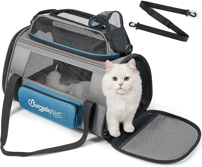 BurgeonNest Top-Expandable Pet Carrier, Airline Approved Dog Cat Carrier, Soft-Sided Puppy Kitten Carriers Up to 15 Lbs, Underseat Travel with Storage Pocket and Anti-Scratch Mesh, 18x11x11, Blue