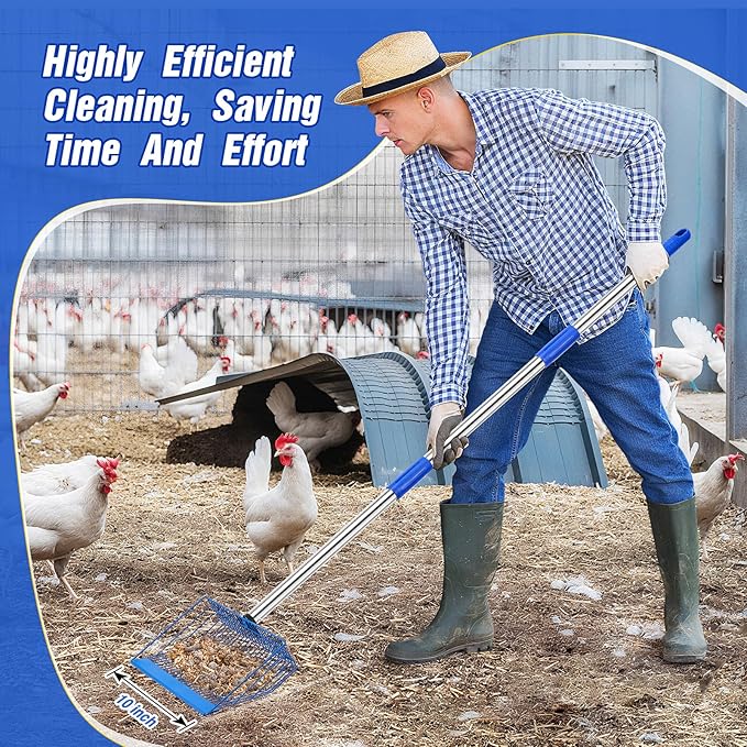 Large Chicken Poop Scooper, Heavy Duty Chicken Coop Scoop for Sand, 35" to 64" Adjustable Stainless Steel Handle, Multifunctional Sifting Shovel for Chicken Coop/Goat Stall/Stable Cleaning