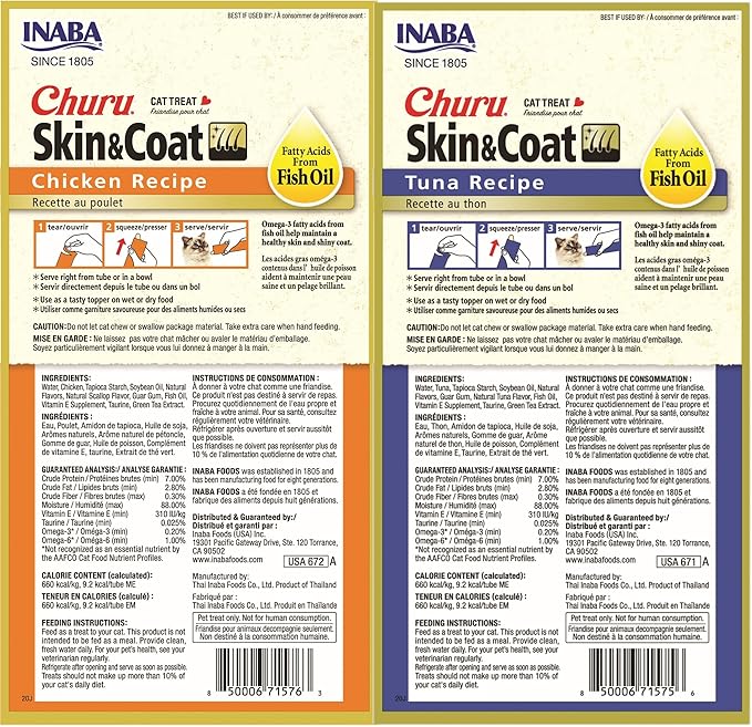 INABA Churu for Skin and Coat Lickable Purée Natural Cat Treats with Omega Oils, Taurine and Green Tea, 0.5 Ounces Each - 2 Flavor Variety Pack (48 Tubes)