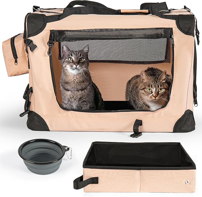 Large Cat Carrier Soft-Sided Travel Carrier - Fits 2 Cats or Small Dog, Portable Foldable Design with Litter Box, Bowl & Fleece Pad, 24” x 16.5” x 16.5”