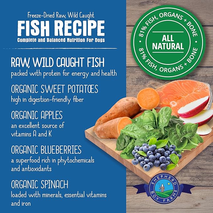 Freeze Dried Raw Dog Food, Fish Medley Recipe, All Natural, No Synthetics, Made in USA with Goat's Milk & Organic Produce, High Protein, Complete Meal (14oz)