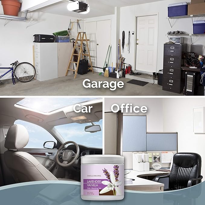 SMELLS BEGONE Air Freshener Odor Absorber Gel - 15 oz, Pack of 2 - Absorbs and Eliminates Odor in Pet Areas, Bathrooms, Cars, & Boats - Made with Essential Oils - Lavender Vanilla Scent