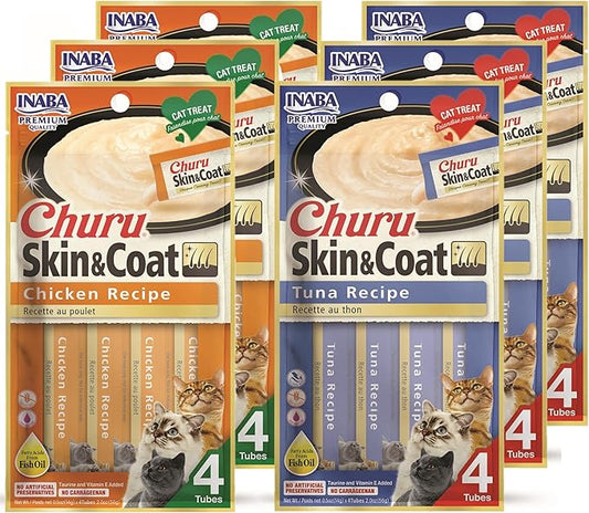 INABA Churu for Skin and Coat Lickable Purée Natural Cat Treats with Omega Oils, Taurine and Green Tea, 0.5 Ounces Each - 2 Flavor Variety Pack (24 Tubes)