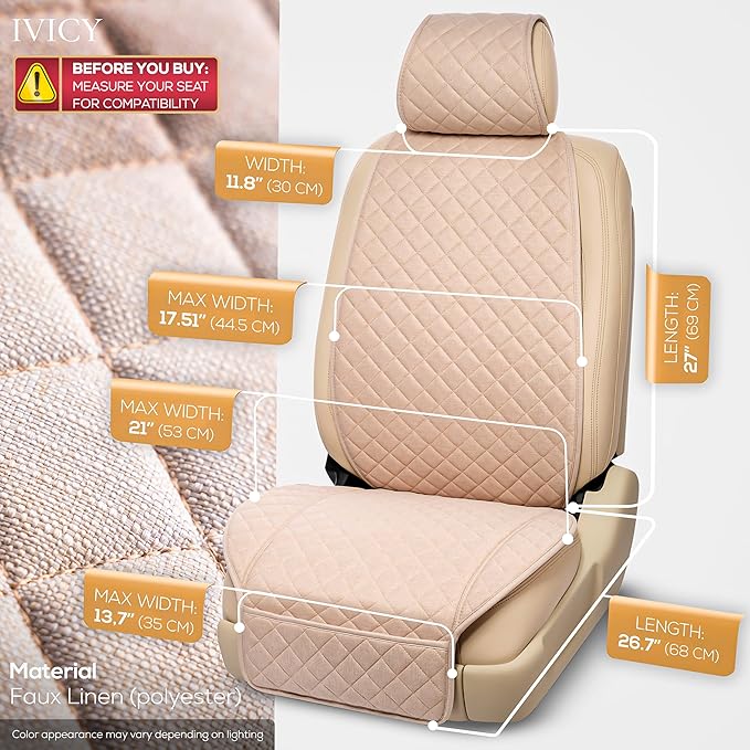 IVICY Faux Linen Car Seat Cover for Cars - Durable & Non-Slip - Front Car Seat Protector Covers for Most Automotive, Vans, SUVs, Trucks - 1 Unit – Light Beige