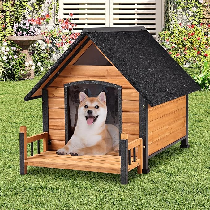 GUTINNEEN Dog House Outdoor with Anti-Bite Metal Frame, Dog Kennel with Porch and Weatherproof Roof for Small, Medium, Large Breeds, Puppy Home Indoor (Brown, 45’’ Medium)