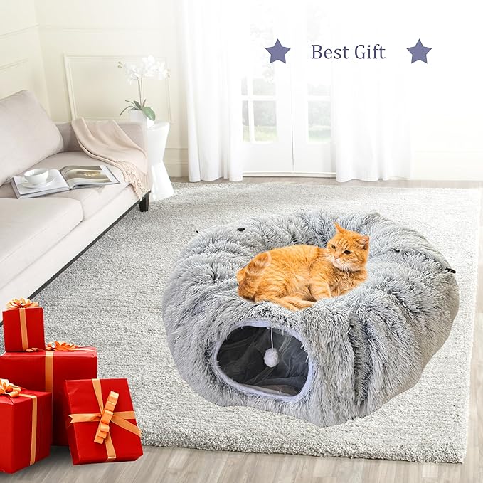 Collapsible Cat Tunnel Bed - Plush Multifunctional Pet Bed & Play Tunnel Toys with Hanging Balls & Peepholes for Indoor Kitty Kitten Puppy Rabbit Ferret