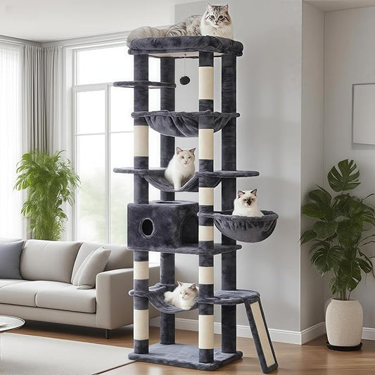 Hey-brother Cat Tree, 69.3-Inches Multi-Level Plush Cat Tower for Indoor Cats with Large Top Perch, Extra Spacious Hammock, 2 Hammocks Ramp, Hanging Ball, Smoky Gray MPJ037G
