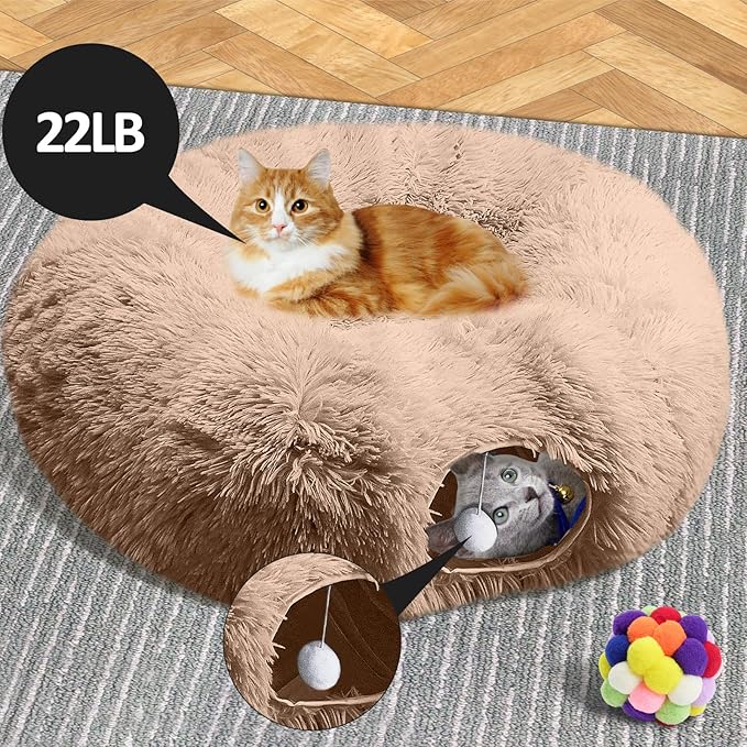 Cat Tunnel Bed for Indoor Cats - Cute Cat Donut Tunnel Toys with Washable Circle Cushion, Round Pet Peekaboo Cave Toy for Kitten/Puppy/Rabbit (Brown)