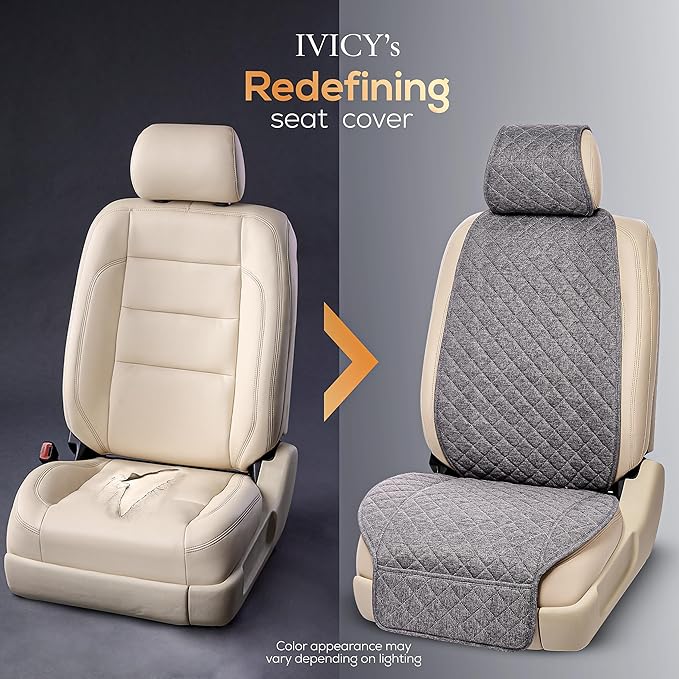 IVICY Faux Linen Car Seat Cover for Cars - Durable & Non-Slip - Front Car Seat Protector Covers for Most Automotive, Vans, SUVs, Trucks - 1 Unit - Cool Gray