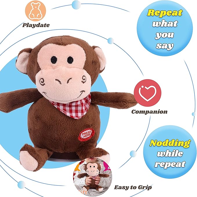 Hopearl Talking Monkey Repeats What You Say Nodding Electric Interactive Animated Toy Speaking Plush Buddy Birthday Festival for Toddlers, 6.5''