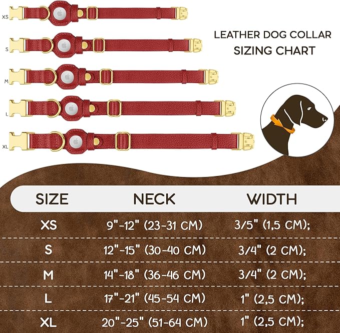 Leather Airtag Dog Collar - Soft Tracking Dog Collar with Apple AirTag Holder and Metal Buckle - Safety GPS Pet Collars for Small Medium Large Dogs Puppy Pink Red (Red, M, 14"-18" Neck Fit)