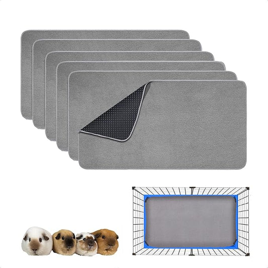 Guinea Pig Cage Liner, 6 Pack - Washable, Reusable, Leakproof Fleece Bedding Pads for Small Animals with Anti-Slip Bottom - for 15''x29'' Area, Gray