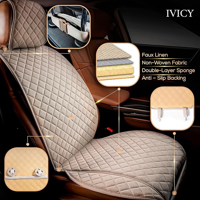 IVICY Faux Linen Car Seat Cover for Cars - Durable & Non-Slip - Front Car Seat Protector Covers for Most Automotive, Vans, SUVs, Trucks - 1 Unit – Light Beige