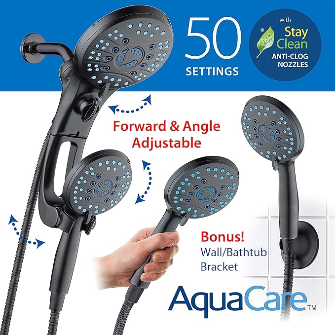 Hotel Spa AquaCare for California As-Seen-On-TV High Pressure Handheld Rain 50-mode 3-way Shower Head Combo with Adjustable Arm, Anti-clog Jets, Tub & Pet Power Wash, 6 ft. Hose, Rubbed Bronze