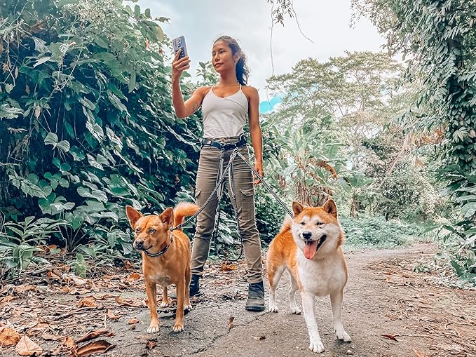 Tuff Pupper Heavy Duty Hands Free Dog Leash | Two Small/Medium Dogs Up to 90 lbs | Comfortable Shock Absorbing Bungee | Reflective Padded Handles | Lumbar Waist Belt 22-45" | Jogging Running Leash