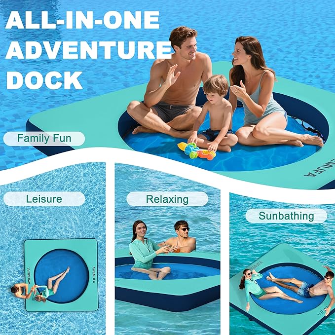 Inflatable Dock Floating Platform with Mesh, Heavy Duty Water Hammock Floats Floating Ring, Tanning Pool Hammock Inflatable Raft Mat Lake Floats for Adults Ocean