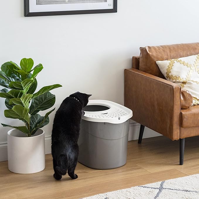 IRIS USA Top Entry Cat Litter Box, Large Enclosed with Litter Catching Lid and Scoop, Dog Proof, Cat Litter Box, Gray/White