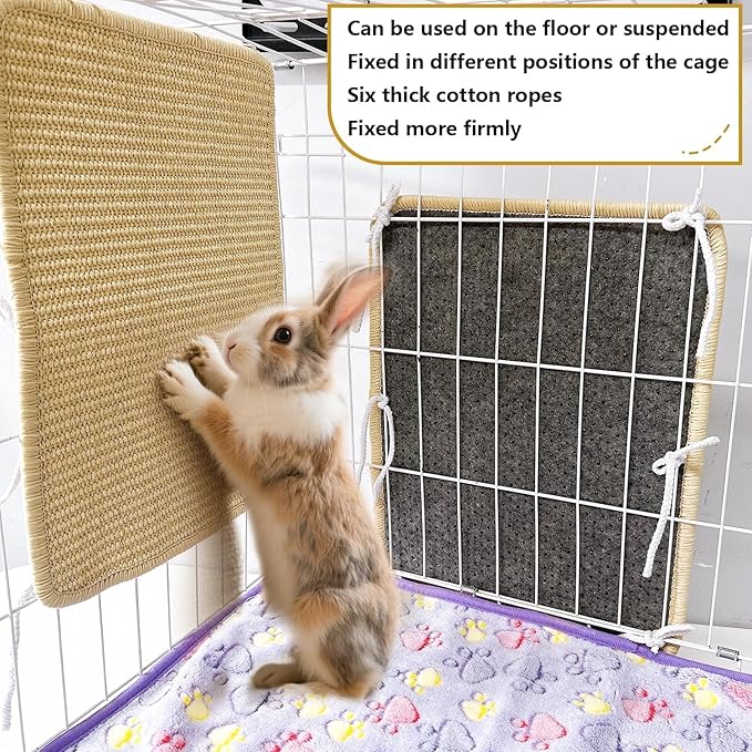 Hamiledyi 2Pcs Rabbit Scratcher Mat 16 ×12'' Natural Sisal Bunny Scratch Pad Rug with Rope Scratching Sleeping Nesting Pad Mat for Bunny Guinea Pig Chinchilla (2Pcs 16×12'')