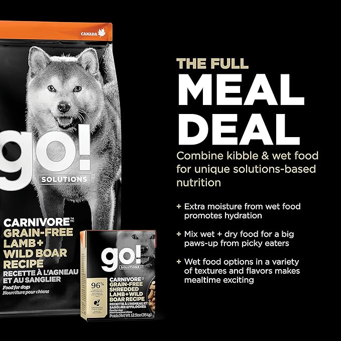 Go! Solutions Carnivore, Grain-Free, Protein Rich Dry Dog Food, Lamb and Wild Boar Recipe, 3.5 lb Bag