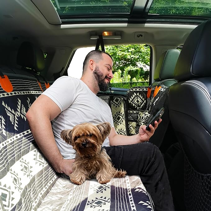 Cshionary100% Waterproof Dog Car Seat Cover - 600D Heavy Durable Dog Seat Cover for Back Seat-Slip Backing, Fits Cars/Trucks/SUVs, Stops Mud/Scratches/Shedding (BoheBlack with Orange)