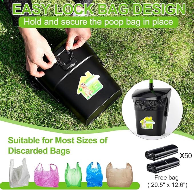 LANNEY Pooper Scooper - 38" Long Adjustable Metal Handle Dog Pooper Scooper Swivel Bin & Rake & Spade with 50 Bags Attachment, Portable Heavy Duty Dog Poop Scooper for Yard Dogs Large Medium Small