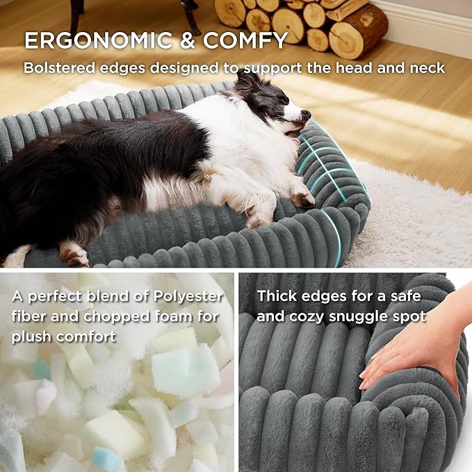 Bedsure Washable Dog Bed for Medium Dogs - Cute Furry Puppy Beds, Rectangle Orthopedic Corduroy Fleece Pet Beds with Removable Zipper Cover, 30x24x8inches, Warm Grey