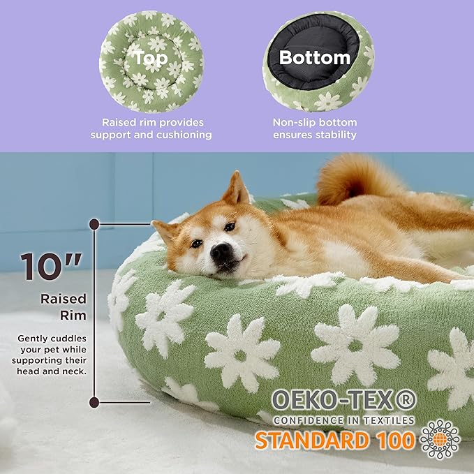 LE SURE Donut Large Dog Bed - Round Cat Beds for Indoor Anti-Anxiety Calming Pet Beds, Washable Cute Modern Beds with Teddy Sherpa Plush & Anti Slip Bottom, 36 Inch, Green